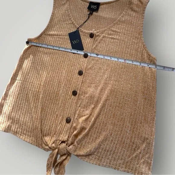 W5 Sleeveless Tie Front Button Down Top Tan - Picture 3 of 8